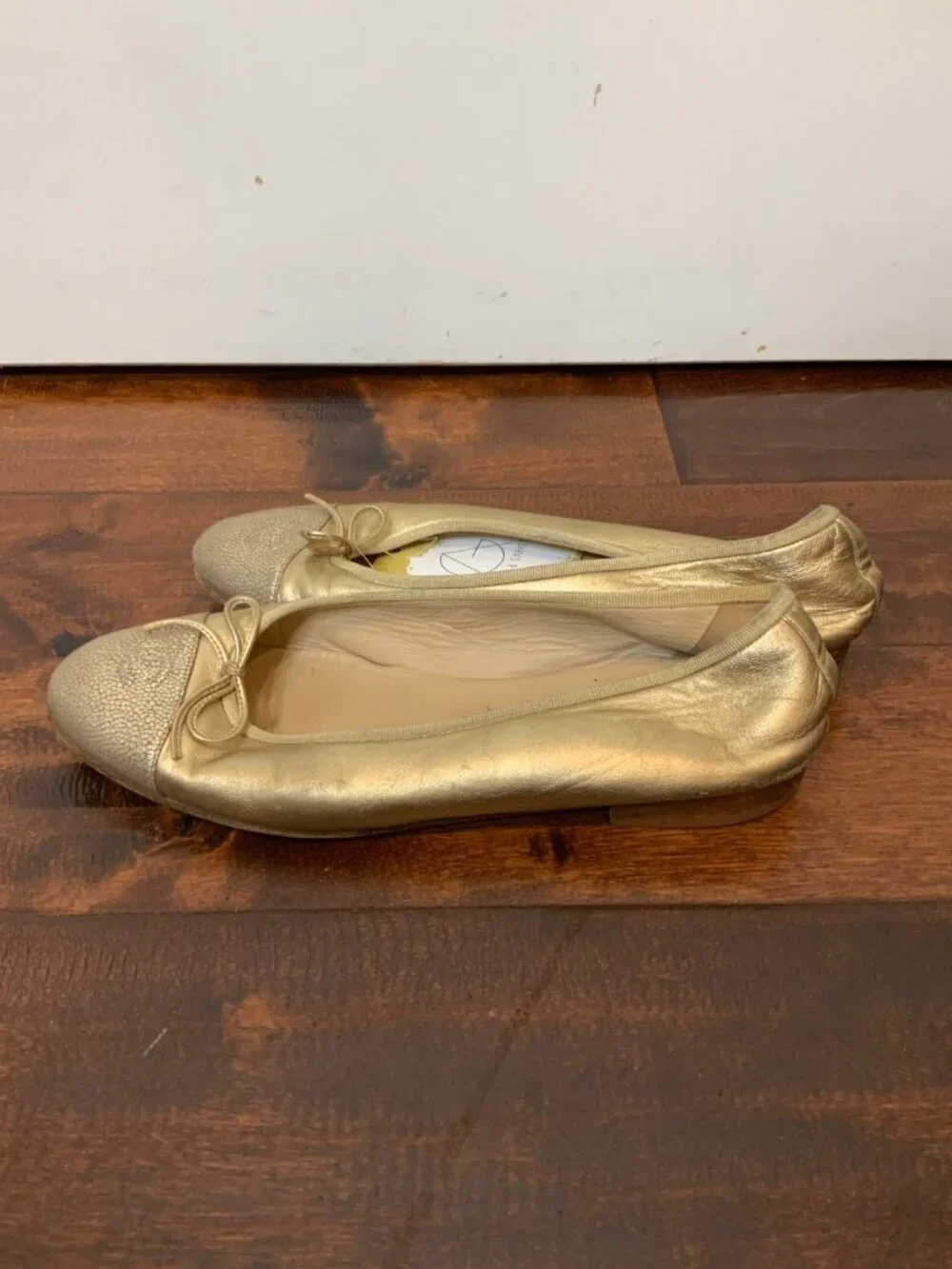 Chanel Gold Leather Bow Pebbled Toe Cap Ballet Flats, Size 11.5 | 42